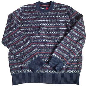 Tommy Hilfiger Sweater Mens Navy Blue‎ Red Stripes Fair Isle Washable Luxe Wool